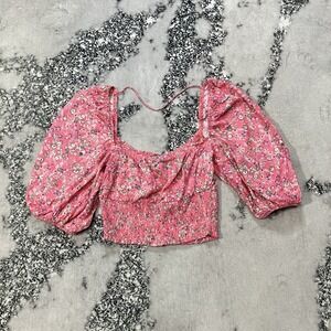 AFRM Top Womens Size M Pink Floral Puff Sleeve Crop Smocked Cottagecore